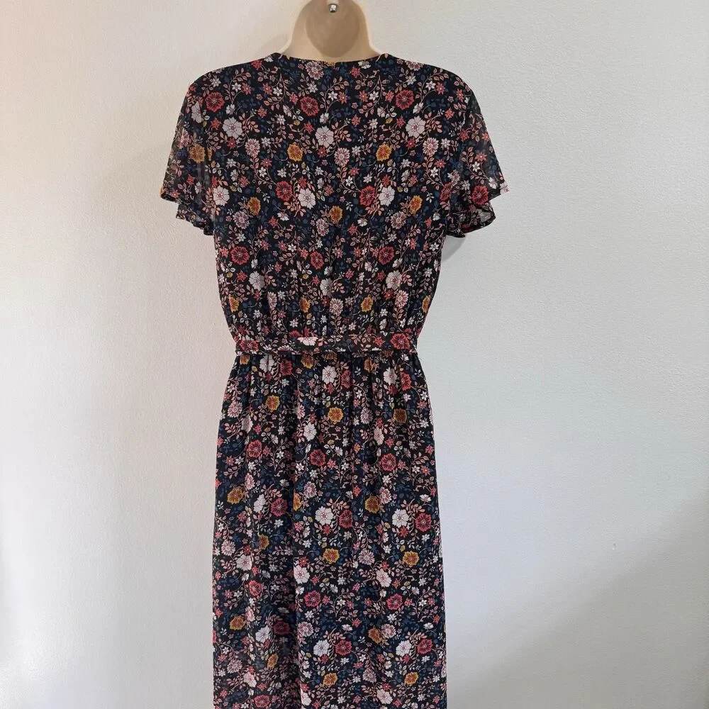 Xhilaration Shirt Dress L Maxi Faux Wrap Bohemian Floral Chiffon Short Sleeve